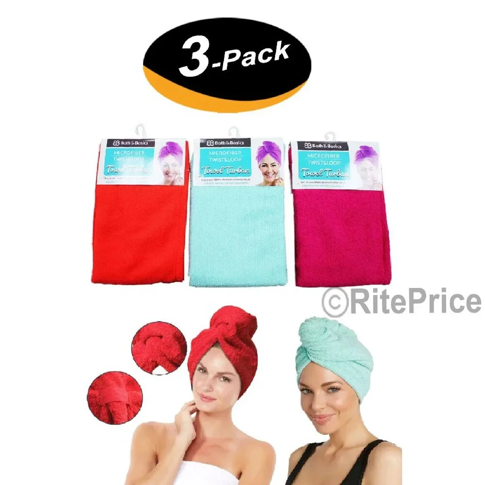 Turban Towels Twist Hair Quick Dry Microfiber Bath Hair Wrap Cap Hat Asst.(3 PK)
